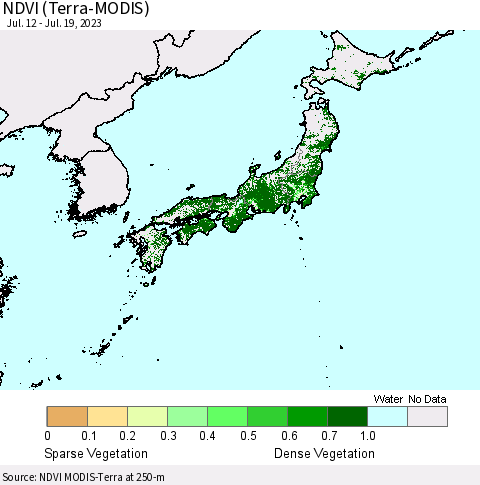 Japan NDVI (Terra-MODIS) Thematic Map For 7/12/2023 - 7/19/2023