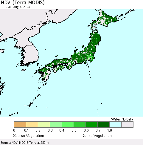 Japan NDVI (Terra-MODIS) Thematic Map For 7/28/2023 - 8/4/2023