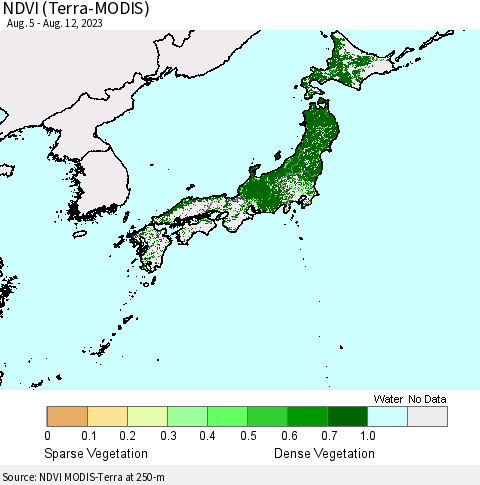 Japan NDVI (Terra-MODIS) Thematic Map For 8/5/2023 - 8/12/2023