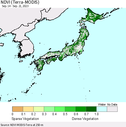 Japan NDVI (Terra-MODIS) Thematic Map For 9/14/2023 - 9/21/2023