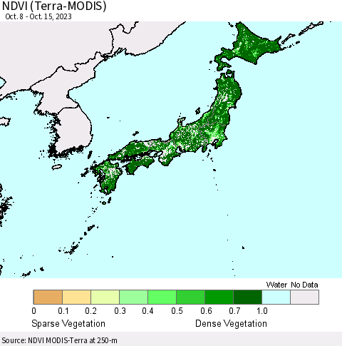 Japan NDVI (Terra-MODIS) Thematic Map For 10/8/2023 - 10/15/2023