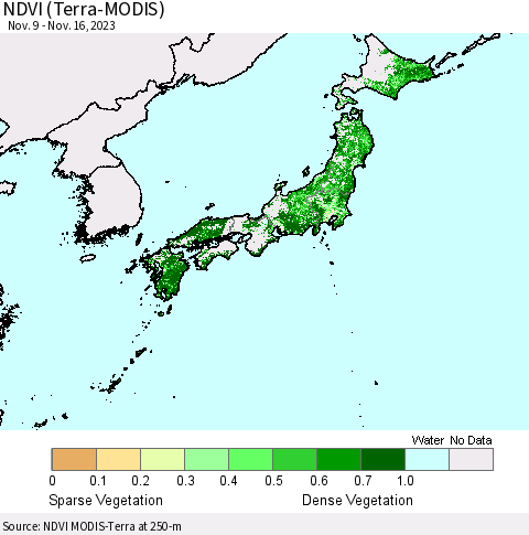 Japan NDVI (Terra-MODIS) Thematic Map For 11/9/2023 - 11/16/2023