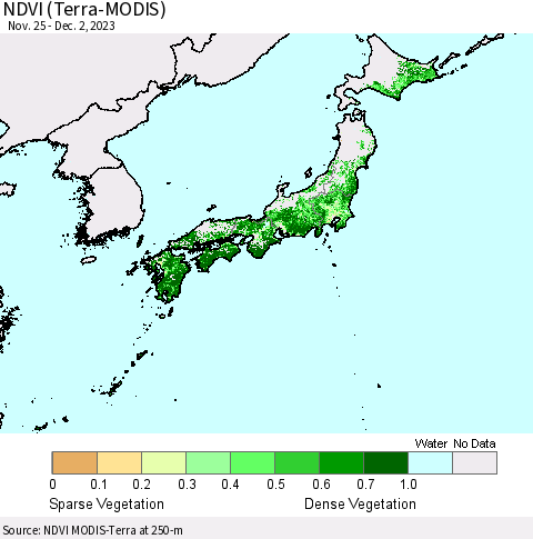 Japan NDVI (Terra-MODIS) Thematic Map For 11/25/2023 - 12/2/2023