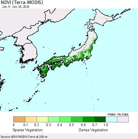 Japan NDVI (Terra-MODIS) Thematic Map For 1/9/2024 - 1/16/2024