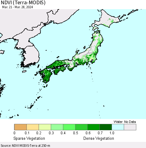 Japan NDVI (Terra-MODIS) Thematic Map For 3/21/2024 - 3/28/2024
