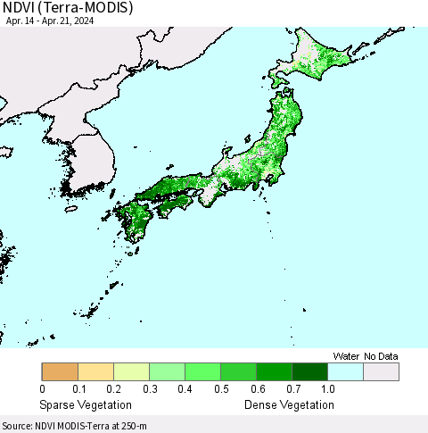 Japan NDVI (Terra-MODIS) Thematic Map For 4/14/2024 - 4/21/2024