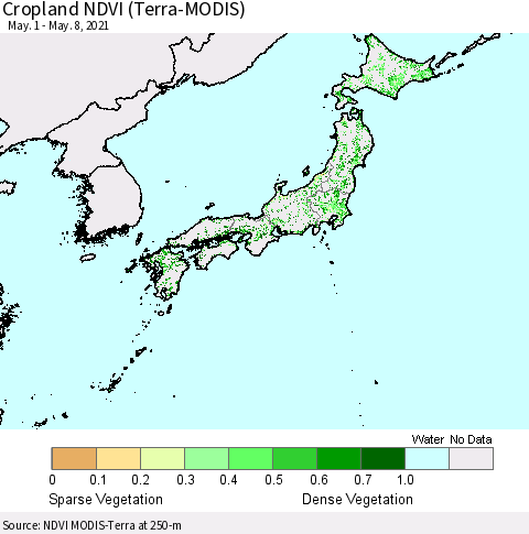 Japan Cropland NDVI (Terra-MODIS) Thematic Map For 5/1/2021 - 5/8/2021