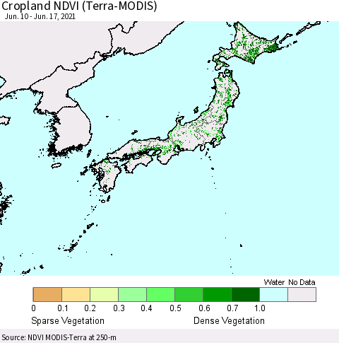 Japan Cropland NDVI (Terra-MODIS) Thematic Map For 6/10/2021 - 6/17/2021