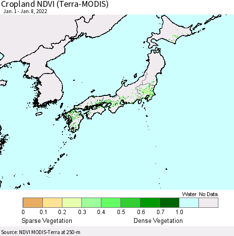 Japan Cropland NDVI (Terra-MODIS) Thematic Map For 1/1/2022 - 1/8/2022