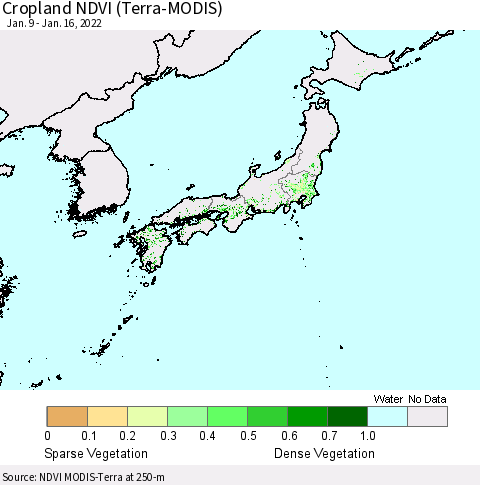Japan Cropland NDVI (Terra-MODIS) Thematic Map For 1/9/2022 - 1/16/2022