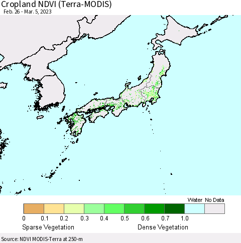 Japan Cropland NDVI (Terra-MODIS) Thematic Map For 2/26/2023 - 3/5/2023