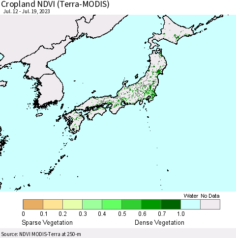 Japan Cropland NDVI (Terra-MODIS) Thematic Map For 7/12/2023 - 7/19/2023