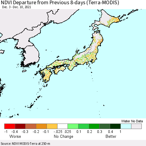 Japan NDVI Departure from Previous 8-days (Terra-MODIS) Thematic Map For 12/3/2021 - 12/10/2021