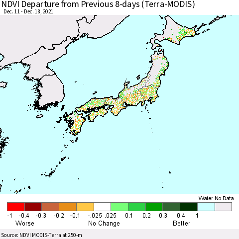 Japan NDVI Departure from Previous 8-days (Terra-MODIS) Thematic Map For 12/11/2021 - 12/18/2021