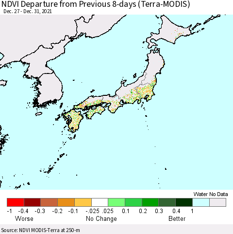 Japan NDVI Departure from Previous 8-days (Terra-MODIS) Thematic Map For 12/26/2021 - 1/2/2022