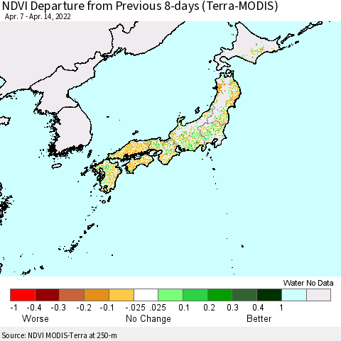 Japan NDVI Departure from Previous 8-days (Terra-MODIS) Thematic Map For 4/7/2022 - 4/14/2022