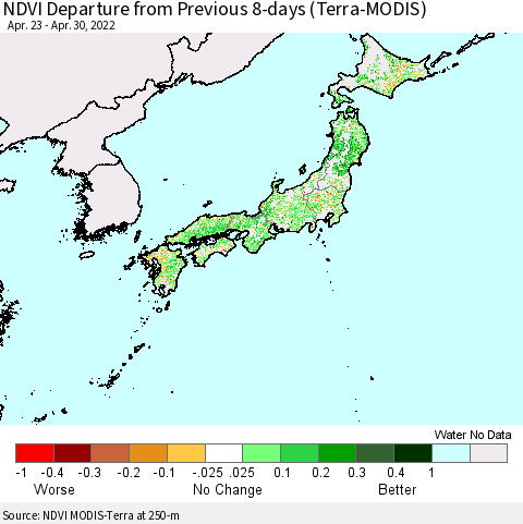 Japan NDVI Departure from Previous 8-days (Terra-MODIS) Thematic Map For 4/23/2022 - 4/30/2022