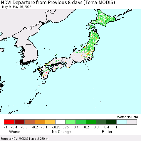 Japan NDVI Departure from Previous 8-days (Terra-MODIS) Thematic Map For 5/9/2022 - 5/16/2022