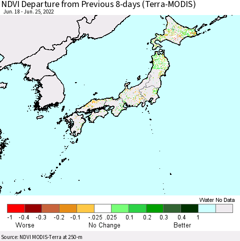 Japan NDVI Departure from Previous 8-days (Terra-MODIS) Thematic Map For 6/18/2022 - 6/25/2022
