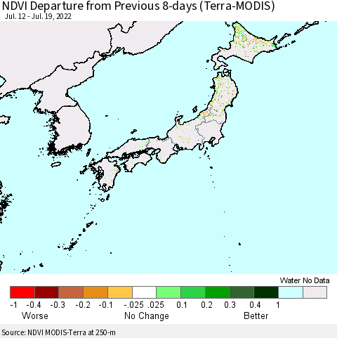 Japan NDVI Departure from Previous 8-days (Terra-MODIS) Thematic Map For 7/12/2022 - 7/19/2022