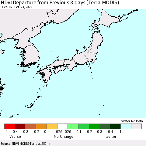 Japan NDVI Departure from Previous 8-days (Terra-MODIS) Thematic Map For 10/16/2022 - 10/23/2022