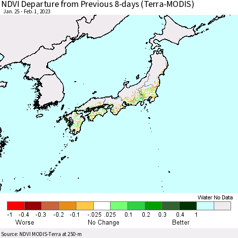 Japan NDVI Departure from Previous 8-days (Terra-MODIS) Thematic Map For 1/25/2023 - 2/1/2023