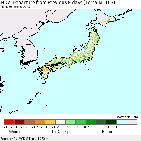 Japan NDVI Departure from Previous 8-days (Terra-MODIS) Thematic Map For 3/30/2023 - 4/6/2023