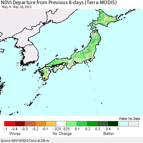 Japan NDVI Departure from Previous 8-days (Terra-MODIS) Thematic Map For 5/9/2023 - 5/16/2023