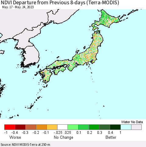Japan NDVI Departure from Previous 8-days (Terra-MODIS) Thematic Map For 5/17/2023 - 5/24/2023