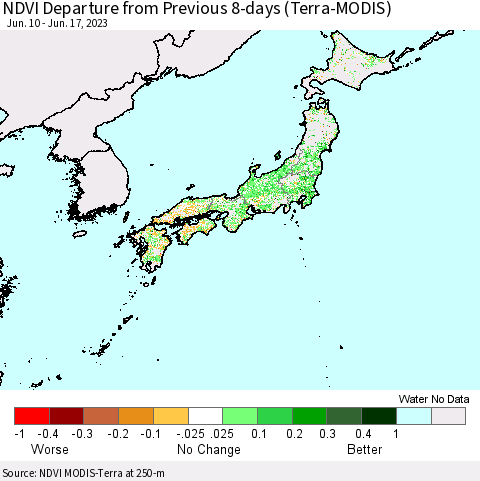 Japan NDVI Departure from Previous 8-days (Terra-MODIS) Thematic Map For 6/10/2023 - 6/17/2023