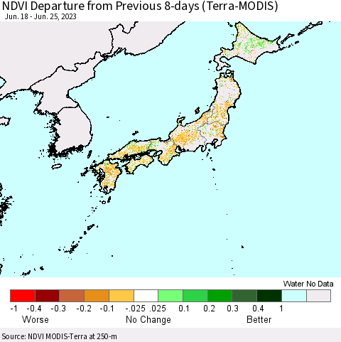 Japan NDVI Departure from Previous 8-days (Terra-MODIS) Thematic Map For 6/18/2023 - 6/25/2023