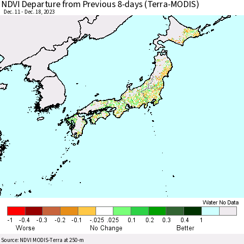Japan NDVI Departure from Previous 8-days (Terra-MODIS) Thematic Map For 12/11/2023 - 12/18/2023
