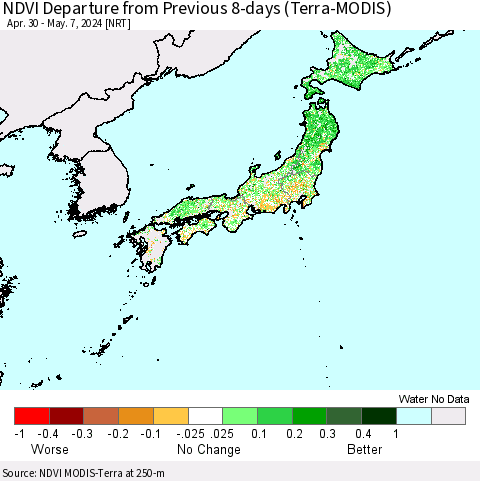 Japan NDVI Departure from Previous 8-days (Terra-MODIS) Thematic Map For 4/30/2024 - 5/7/2024