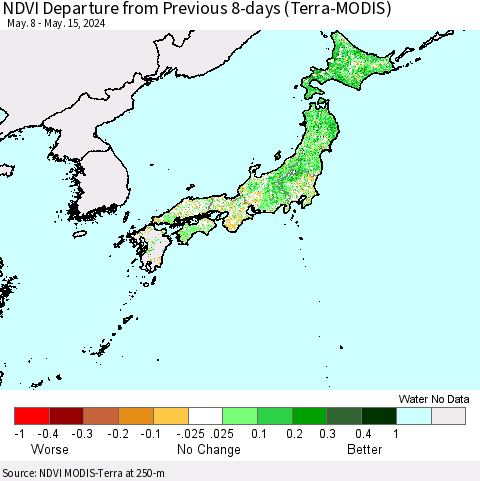 Japan NDVI Departure from Previous 8-days (Terra-MODIS) Thematic Map For 5/8/2024 - 5/15/2024