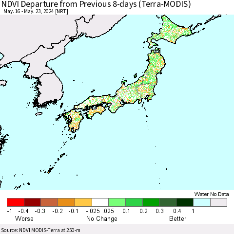 Japan NDVI Departure from Previous 8-days (Terra-MODIS) Thematic Map For 5/16/2024 - 5/23/2024