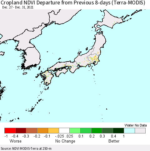 Japan Cropland NDVI Departure from Previous 8-days (Terra-MODIS) Thematic Map For 12/26/2021 - 1/2/2022