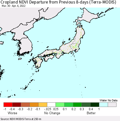 Japan Cropland NDVI Departure from Previous 8-days (Terra-MODIS) Thematic Map For 3/30/2022 - 4/6/2022