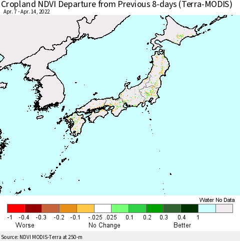 Japan Cropland NDVI Departure from Previous 8-days (Terra-MODIS) Thematic Map For 4/7/2022 - 4/14/2022