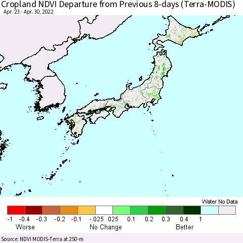 Japan Cropland NDVI Departure from Previous 8-days (Terra-MODIS) Thematic Map For 4/23/2022 - 4/30/2022