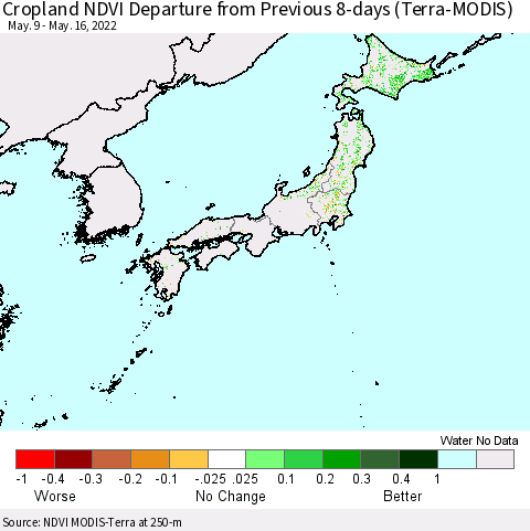 Japan Cropland NDVI Departure from Previous 8-days (Terra-MODIS) Thematic Map For 5/9/2022 - 5/16/2022
