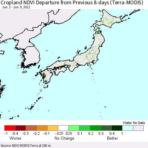 Japan Cropland NDVI Departure from Previous 8-days (Terra-MODIS) Thematic Map For 6/2/2022 - 6/9/2022