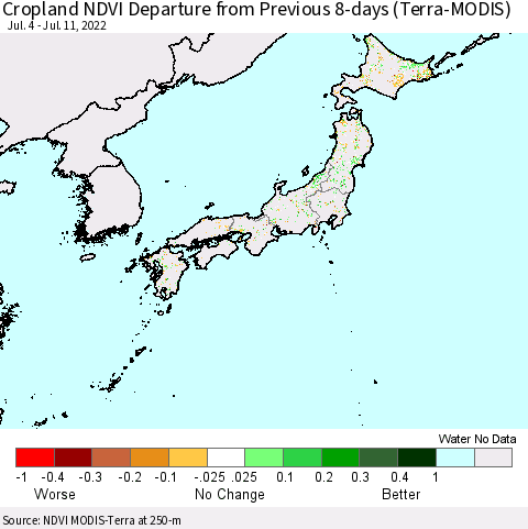 Japan Cropland NDVI Departure from Previous 8-days (Terra-MODIS) Thematic Map For 7/4/2022 - 7/11/2022