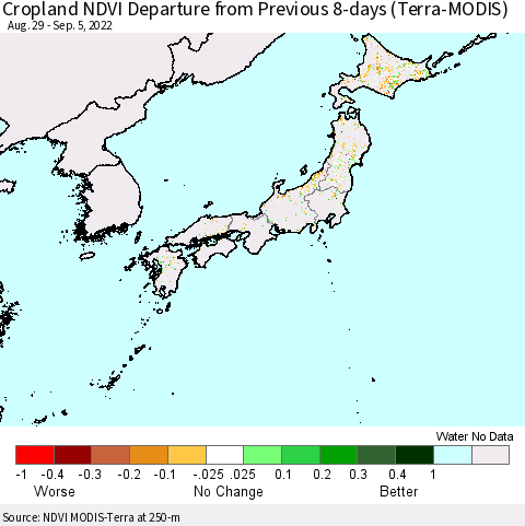 Japan Cropland NDVI Departure from Previous 8-days (Terra-MODIS) Thematic Map For 8/29/2022 - 9/5/2022