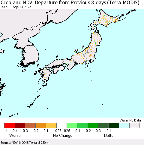 Japan Cropland NDVI Departure from Previous 8-days (Terra-MODIS) Thematic Map For 9/6/2022 - 9/13/2022
