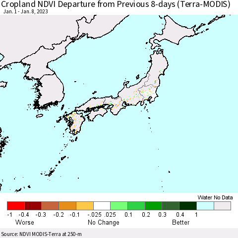 Japan Cropland NDVI Departure from Previous 8-days (Terra-MODIS) Thematic Map For 1/1/2023 - 1/8/2023