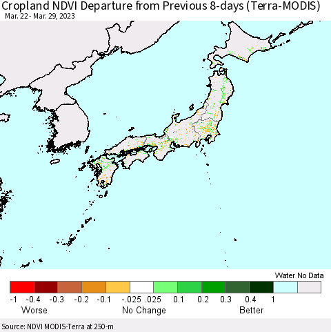 Japan Cropland NDVI Departure from Previous 8-days (Terra-MODIS) Thematic Map For 3/22/2023 - 3/29/2023