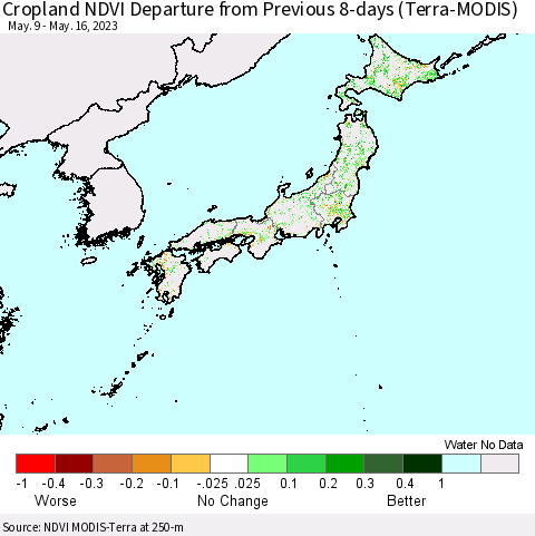 Japan Cropland NDVI Departure from Previous 8-days (Terra-MODIS) Thematic Map For 5/9/2023 - 5/16/2023