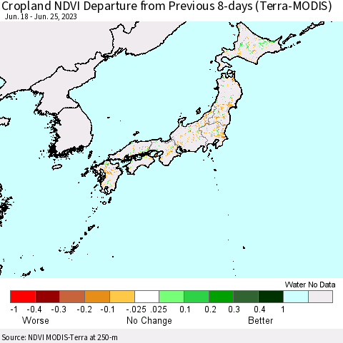 Japan Cropland NDVI Departure from Previous 8-days (Terra-MODIS) Thematic Map For 6/18/2023 - 6/25/2023