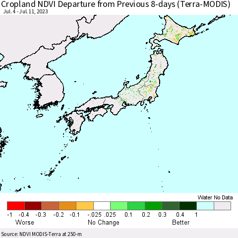 Japan Cropland NDVI Departure from Previous 8-days (Terra-MODIS) Thematic Map For 7/4/2023 - 7/11/2023