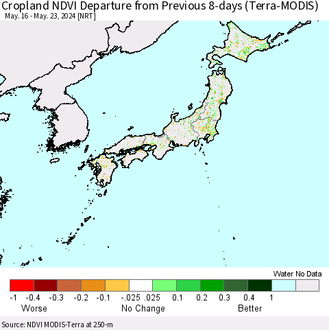 Japan Cropland NDVI Departure from Previous 8-days (Terra-MODIS) Thematic Map For 5/16/2024 - 5/23/2024
